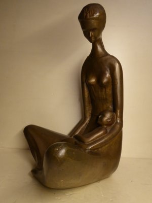 Seated Mother with Child, 1970s, Bronze-AWL-1175265