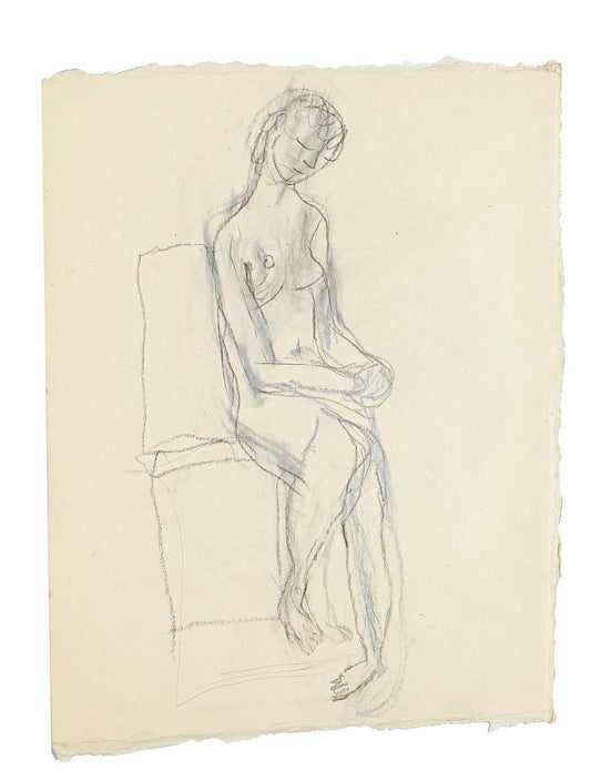 Seated Nude - Original Pencil and Pastel Drawing by Jeanne Daour - 1950s 1950s