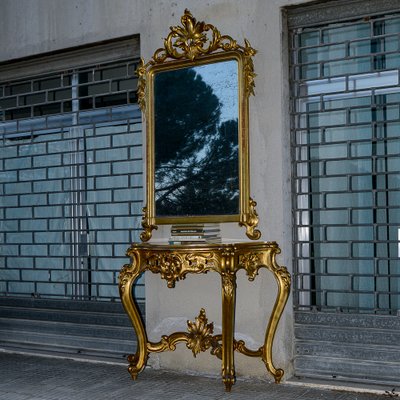 Second Half of the 20th Century Console with Mirror in Carved and Gilded Wood, France, 1890s, Set of 2-RAQ-2033406