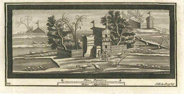 Secondo De Angelis, Pompeian Fresco Landscape, Etching, 18th Century-ZCI-1775563