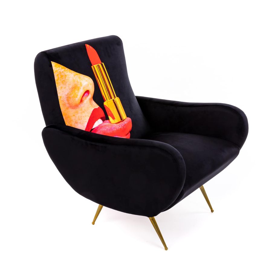 Fully Upholstered Fabric Armchair Tongue by Seletti #Black