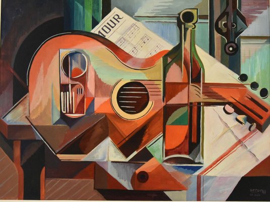 Serge Magnin, Cubist Still Life with Guitar, 1960, Oil Painting-KTN-840561