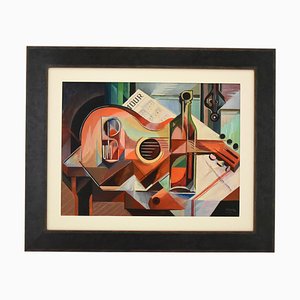 Serge Magnin, Cubist Still Life with Guitar, 1960, Oil Painting-KTN-840561