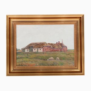 Sergius Frost, Painting of a Danish Farmhouse, 1950s, Oil on Canvas, Framed-DQ-1295862