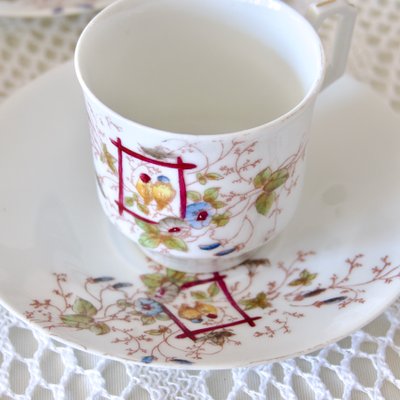 Service of Polychrome Porcelain Cups with Bird Decoration, 1920s, Set of 8-SHG-2027220