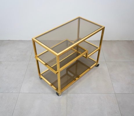 Serving Bar Cart in Brass and Smoked Glass, Italy, 1970s-LYQ-1224105