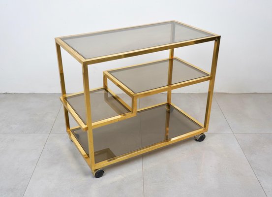 Serving Bar Cart in Brass and Smoked Glass, Italy, 1970s-LYQ-1224105