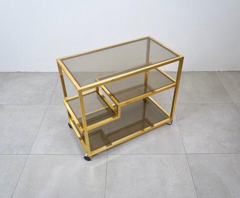 Serving Bar Cart in Brass and Smoked Glass, Italy, 1970s-LYQ-1224105