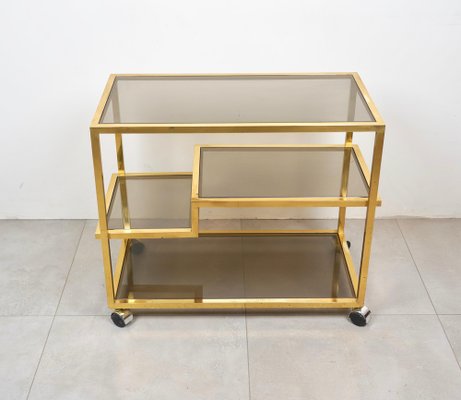 Serving Bar Cart in Brass and Smoked Glass, Italy, 1970s-LYQ-1224105