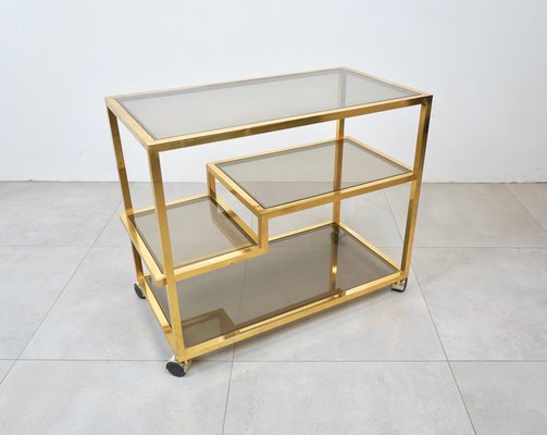 Serving Bar Cart in Brass and Smoked Glass, Italy, 1970s-LYQ-1224105