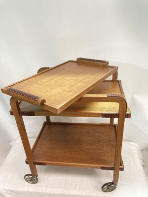 Serving Cart in Oak and Leather by Jacques Adnet, 1950s-VRR-1786733