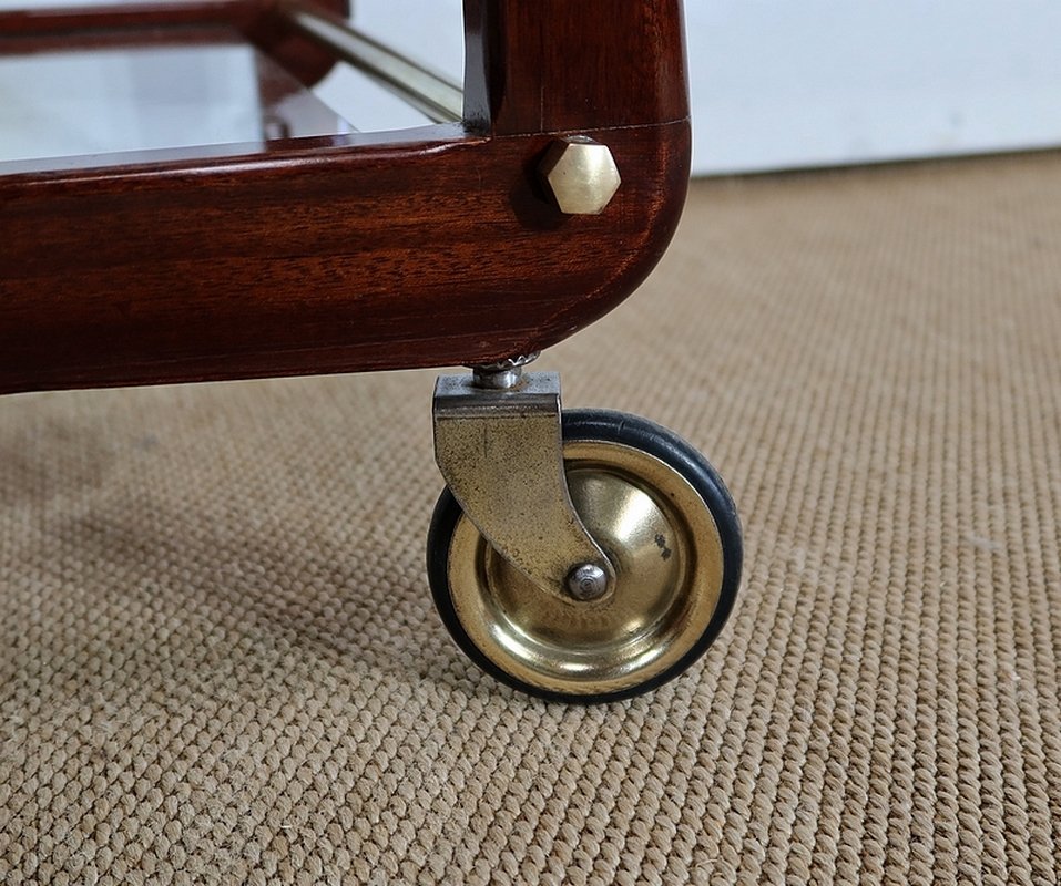 Serving Carts in Mahogany, Glass and Brass, 1960s, Set of 2