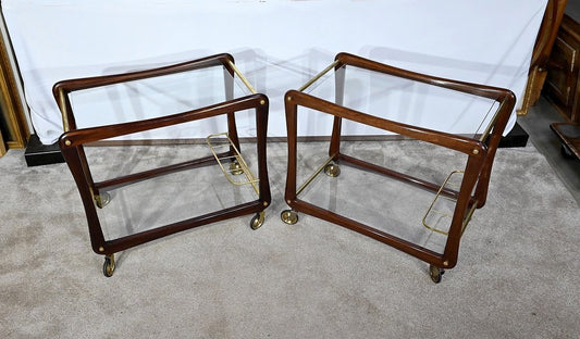 Serving Carts in Mahogany, Glass and Brass, 1960s, Set of 2