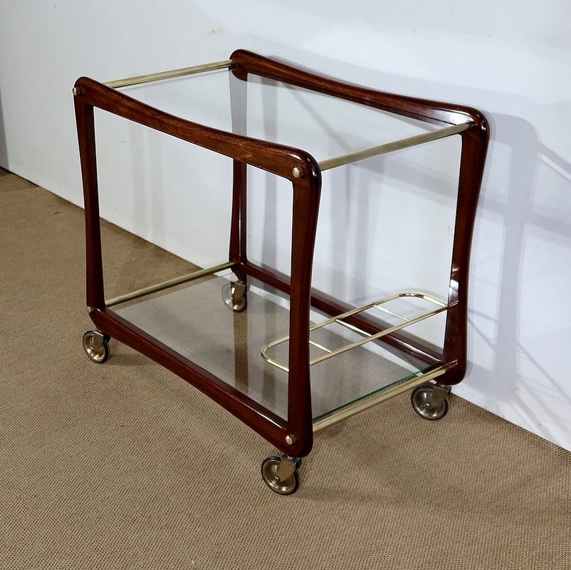 Serving Carts in Mahogany, Glass and Brass, 1960s, Set of 2