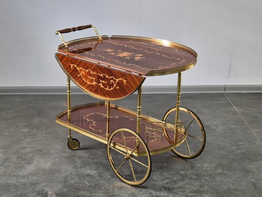 Serving Drink Bar Cart Trolley with Side Flaps in Marquetry Inlays, 1970s-WMP-2016613