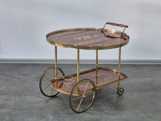 Serving Drink Bar Cart Trolley with Side Flaps in Marquetry Inlays, 1970s-WMP-2016613