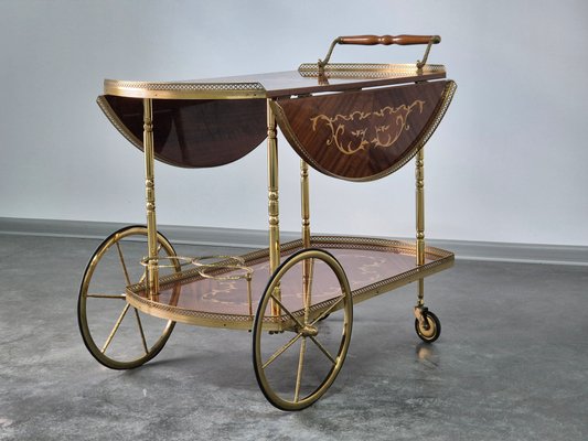 Serving Drink Bar Cart Trolley with Side Flaps in Marquetry Inlays, 1970s-WMP-2016613