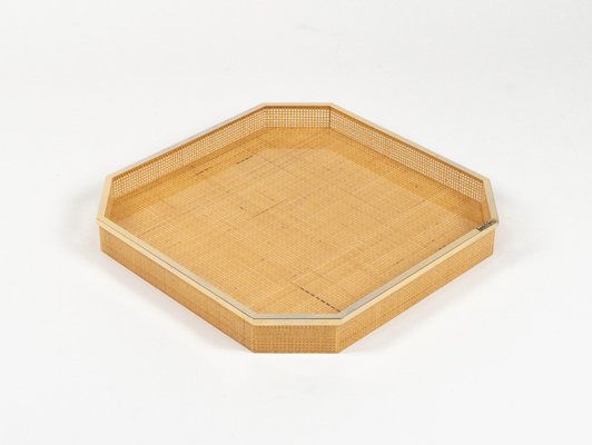 Serving Tray in Acrylic Glass, Wicker & Gold Plating in the style of Christian Dior, Italy, 1970s-LYQ-2027452