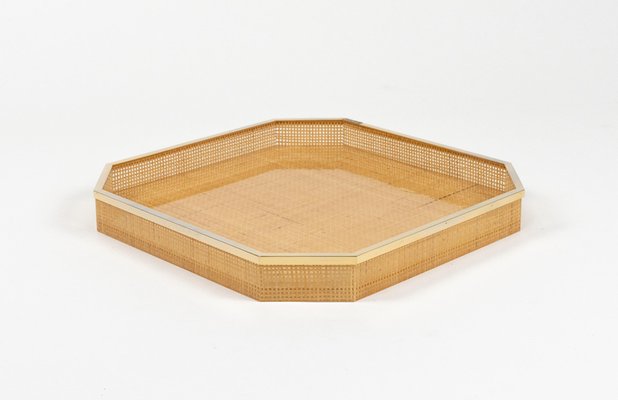 Serving Tray in Acrylic Glass, Wicker & Gold Plating in the style of Christian Dior, Italy, 1970s-LYQ-2027452