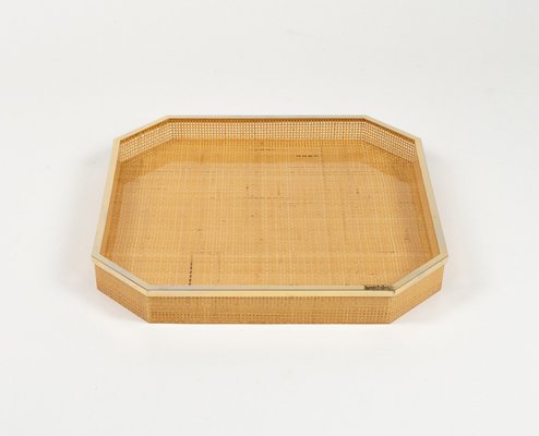 Serving Tray in Acrylic Glass, Wicker & Gold Plating in the style of Christian Dior, Italy, 1970s-LYQ-2027452