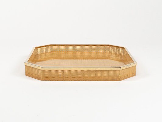 Serving Tray in Acrylic Glass, Wicker & Gold Plating in the style of Christian Dior, Italy, 1970s-LYQ-2027452