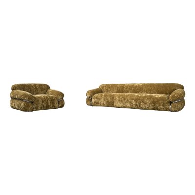 Sesann Lounge Set in Brown Velvet Khaki by Gianfranco Frattini for Cassini, 1972, Set of 2-RPH-1347592