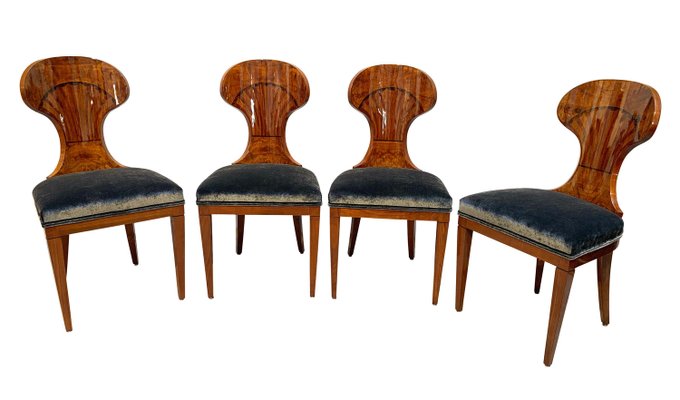 Set of 4 Biedermeier Ballon Chairs, Ash Veneer, Grey Velvet, Vienna, circa 1900-NNB-915187