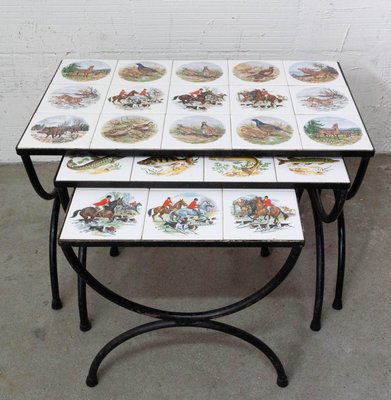 Set of Three Nesting Tables French Hunting Sceneries and Fishes Tiles Top Mid-C, 1960s, Set of 3-RIU-1425751