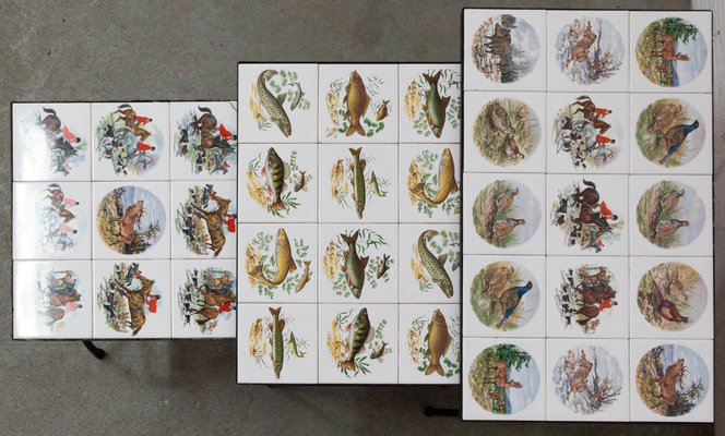 Set of Three Nesting Tables French Hunting Sceneries and Fishes Tiles Top Mid-C, 1960s, Set of 3-RIU-1425751