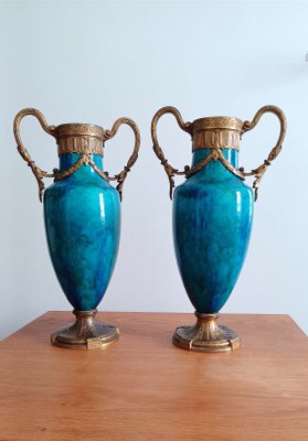 Sevres Bronze Mounted Vases with Green and Blue Glazed Faience, Set of 2-NRC-1424841