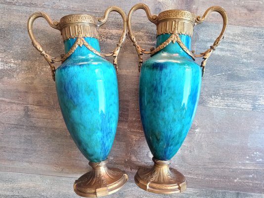 Sevres Bronze Mounted Vases with Green and Blue Glazed Faience, Set of 2-NRC-1424841