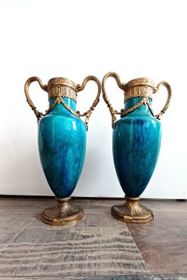 Sevres Bronze Mounted Vases with Green and Blue Glazed Faience, Set of 2-NRC-1424841