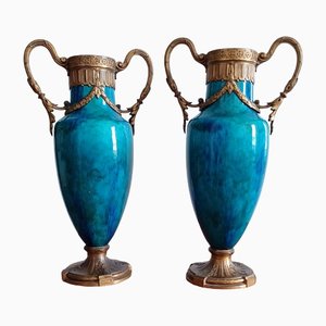 Sevres Bronze Mounted Vases with Green and Blue Glazed Faience, Set of 2-NRC-1424841