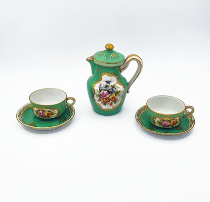 Sèvres style Tête-À-Tete Coffee Service in Emerald Green Painted with Bouquets of Flowers, Set of 6-OZS-1371496