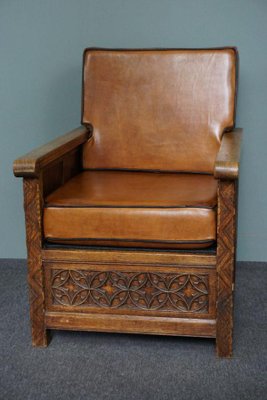 Sheep Leather Armchair with Carved Wood-HPP-1286070