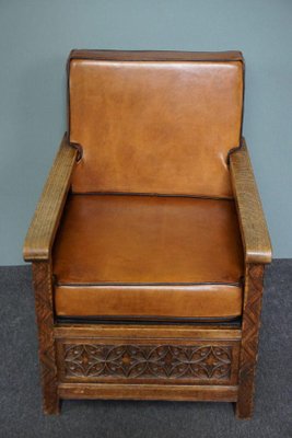 Sheep Leather Armchair with Carved Wood-HPP-1286070