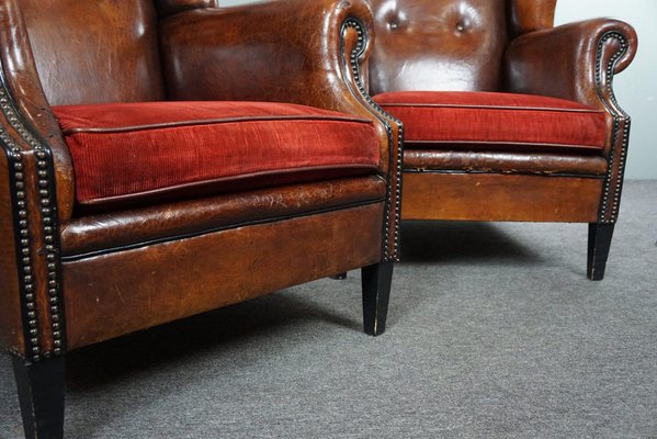 Sheep Leather Armchairs with Red Corduroy Seat Cushions, Set of 2-HPP-1722141