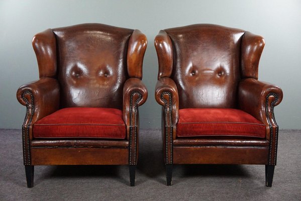 Sheep Leather Armchairs with Red Corduroy Seat Cushions, Set of 2-HPP-1722141