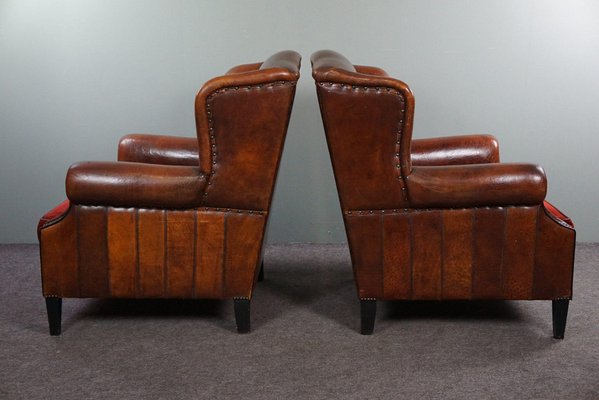 Sheep Leather Armchairs with Red Corduroy Seat Cushions, Set of 2-HPP-1722141