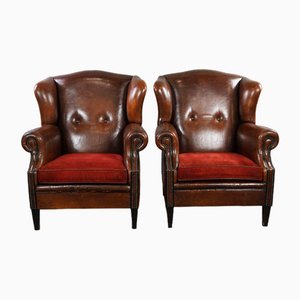 Sheep Leather Armchairs with Red Corduroy Seat Cushions, Set of 2-HPP-1722141