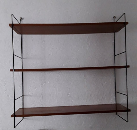 Shelf in Black Lacquered Iron Frame with 3 Adjustable Shelves in Teak Veneered Chipboard, 1960s