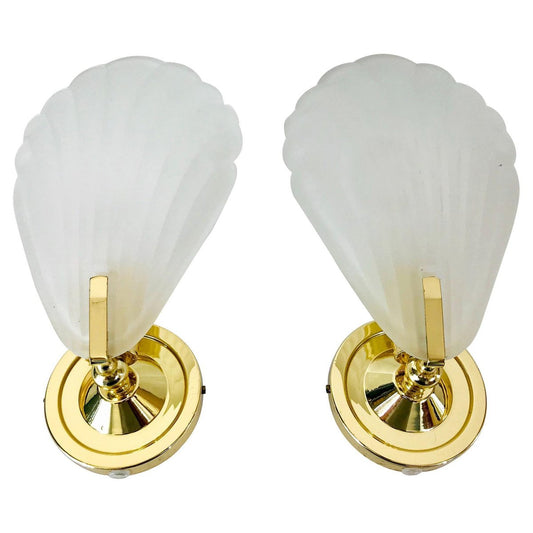 Shell Shaped Brass and Glass Wall Lamps, 1980s, Set of 2