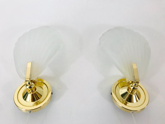 Shell Shaped Brass and Glass Wall Lamps, 1980s, Set of 2-PUK-636578