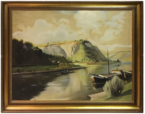 Ship on Water with Mountain, 1900, Oil on Canvas, Framed-FLW-1402139