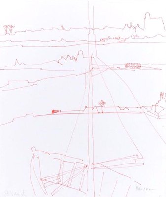 Ship - Red Pen Drawing on Paper - Mid 20th Century Mid 20th century-ZCI-755557