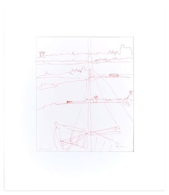 Ship - Red Pen Drawing on Paper - Mid 20th Century Mid 20th century-ZCI-755557