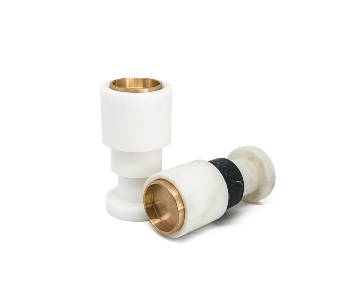 Short Straight Two-Tone Candleholder in White Carrara and Black Marble