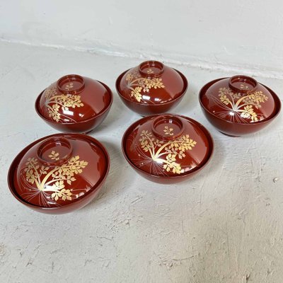 Shōwa Era Urushi Maki-E Rice Bowls, Japan, 1950s, Set of 5-DWL-1698154