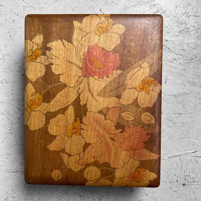 Shōwa Wooden Box with Flower Decoration, Japan, 1950s-DWL-1799435