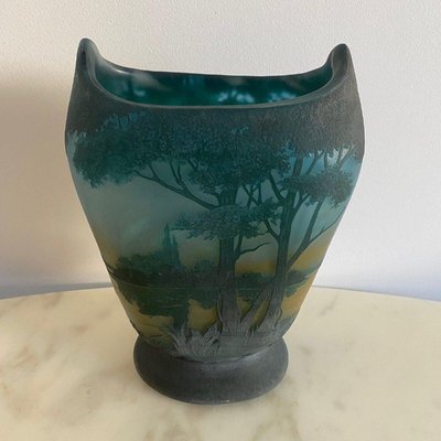 Shower Pedestal Vase with Flattened Belly and Lake Decor from Daum Nancy-QKG-2022396